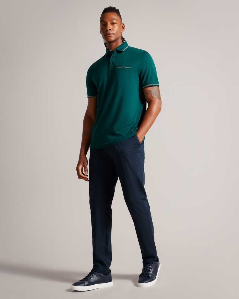 Dark Green Ted Baker Tortila Polo Shirt With Striped Details | ZA0001340