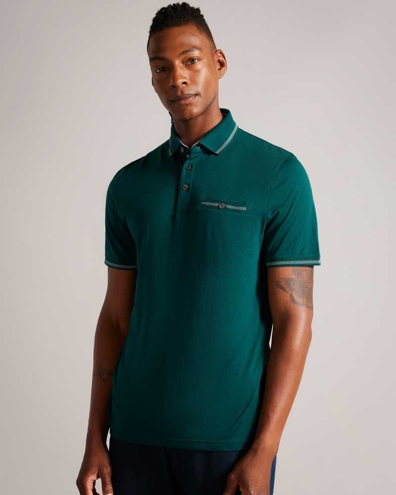 Dark Green Ted Baker Tortila Polo Shirt With Striped Details | ZA0001340