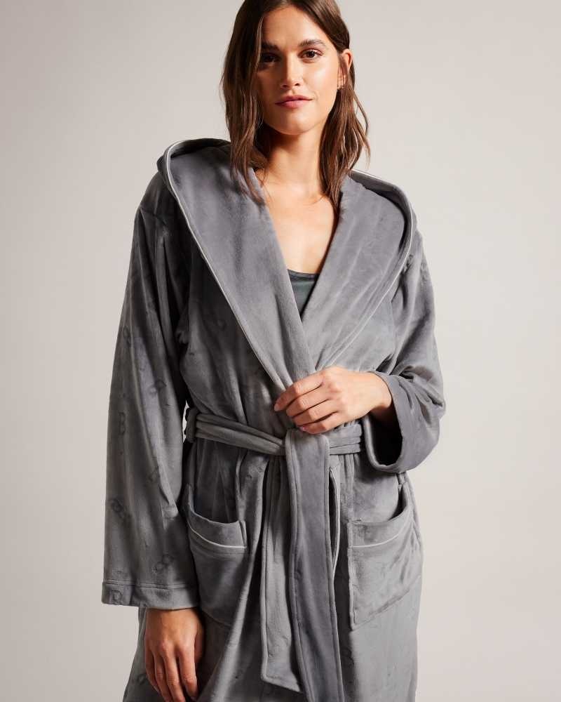 Dark Grey Ted Baker Slepsil Long Plush Hooded Dressing Gown | ZA0000819