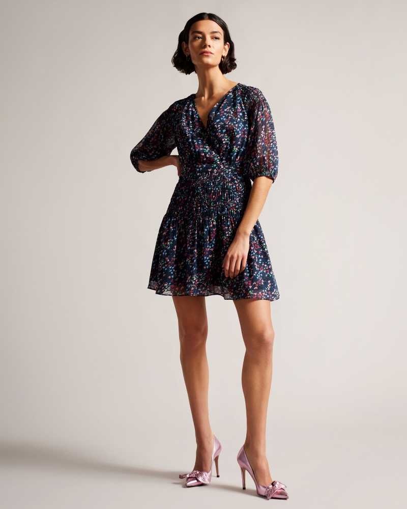 Dark Navy Ted Baker Casadee Smock Panel Wrap Mini Dress | ZA0000111