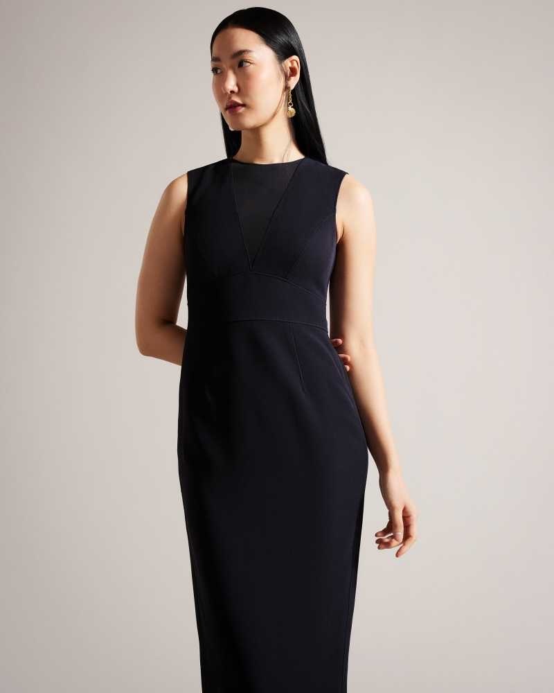 Dark Navy Ted Baker Elissii Midi Bodycon Dress With Sheer V-Neck | ZA0000233