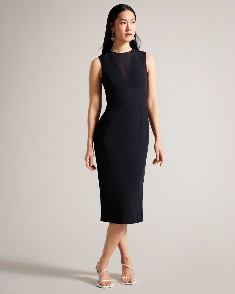 Dark Navy Ted Baker Elissii Midi Bodycon Dress With Sheer V-Neck | ZA0000233