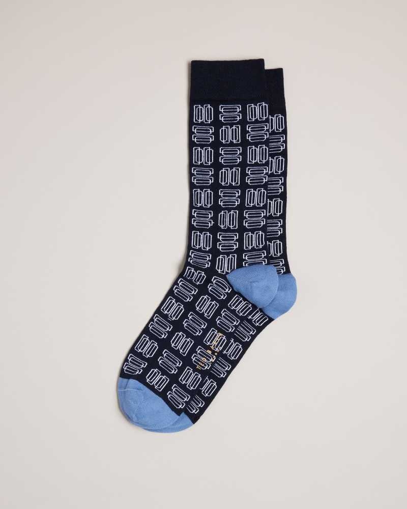 Dark Navy Ted Baker Gridsoc Geometric Pattern Socks | ZA0002063