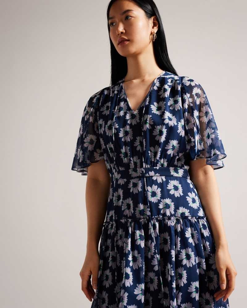 Dark Navy Ted Baker Marllee Floral Print Tiered Midi Dress | ZA0000178