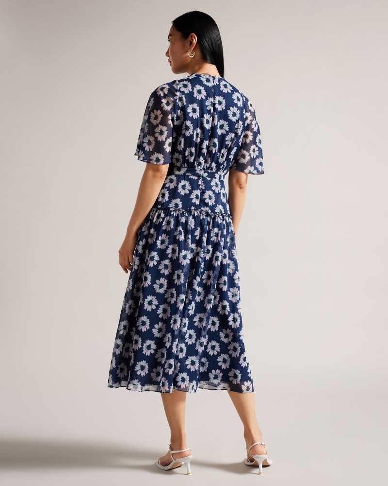 Dark Navy Ted Baker Marllee Floral Print Tiered Midi Dress | ZA0000178