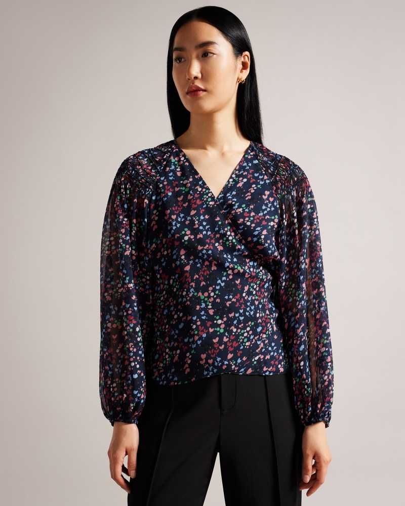 Dark Navy Ted Baker Tariaa Smocked Wrap Top With Blouson Sleeve | ZA0001434