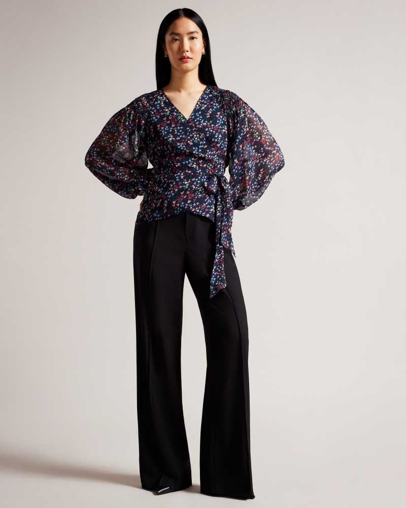 Dark Navy Ted Baker Tariaa Smocked Wrap Top With Blouson Sleeve | ZA0001434