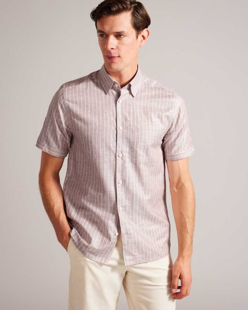 Dark Orange Ted Baker Lytham Short Sleeve Striped Linen Shirt | ZA0000957