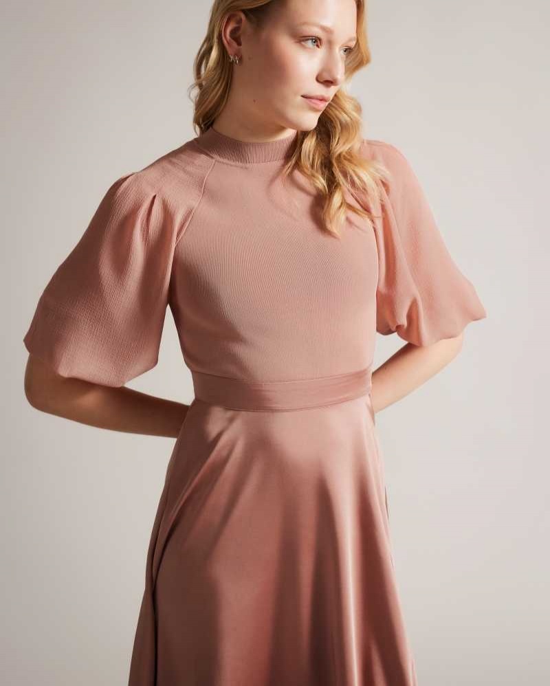 Dusky Pink Ted Baker Brontei Puff Sleeve Fitted Bodice Midi Dress | ZA0000195