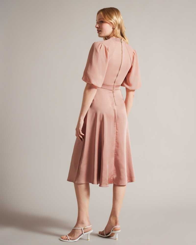 Dusky Pink Ted Baker Brontei Puff Sleeve Fitted Bodice Midi Dress | ZA0000195