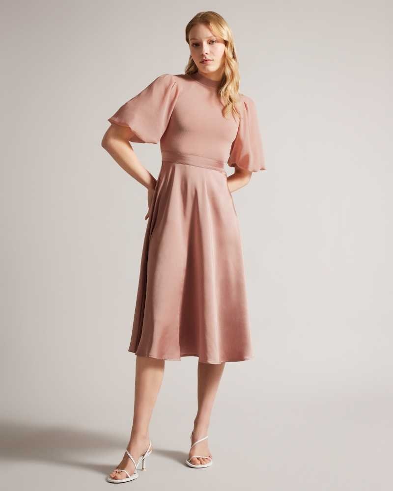 Dusky Pink Ted Baker Brontei Puff Sleeve Fitted Bodice Midi Dress | ZA0000195