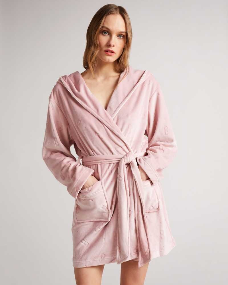 Dusky Pink Ted Baker Slepse Plush Hooded Dressing Gown | ZA0000842