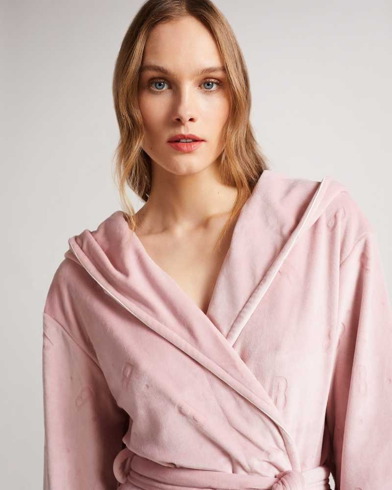 Dusky Pink Ted Baker Slepse Plush Hooded Dressing Gown | ZA0000842