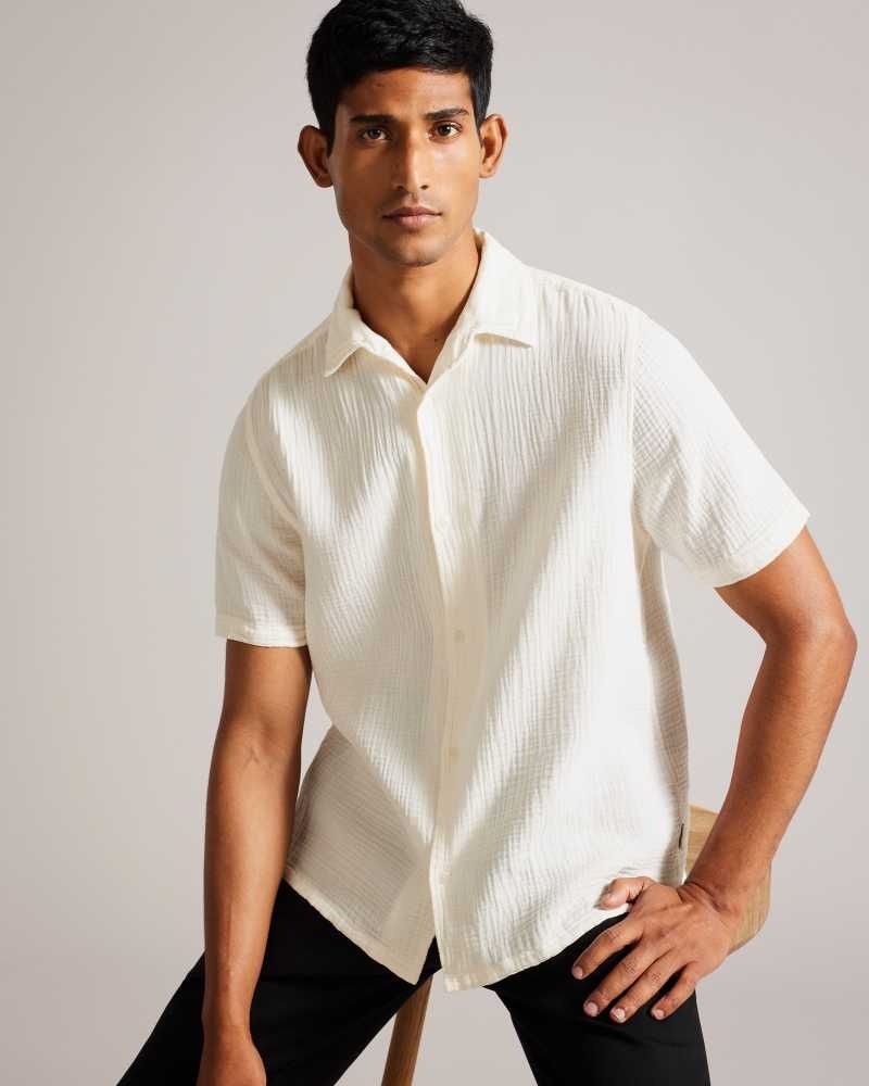 Ecru Ted Baker Digmer Short Sleeve Lightweight Textured Shirt | ZA0001014