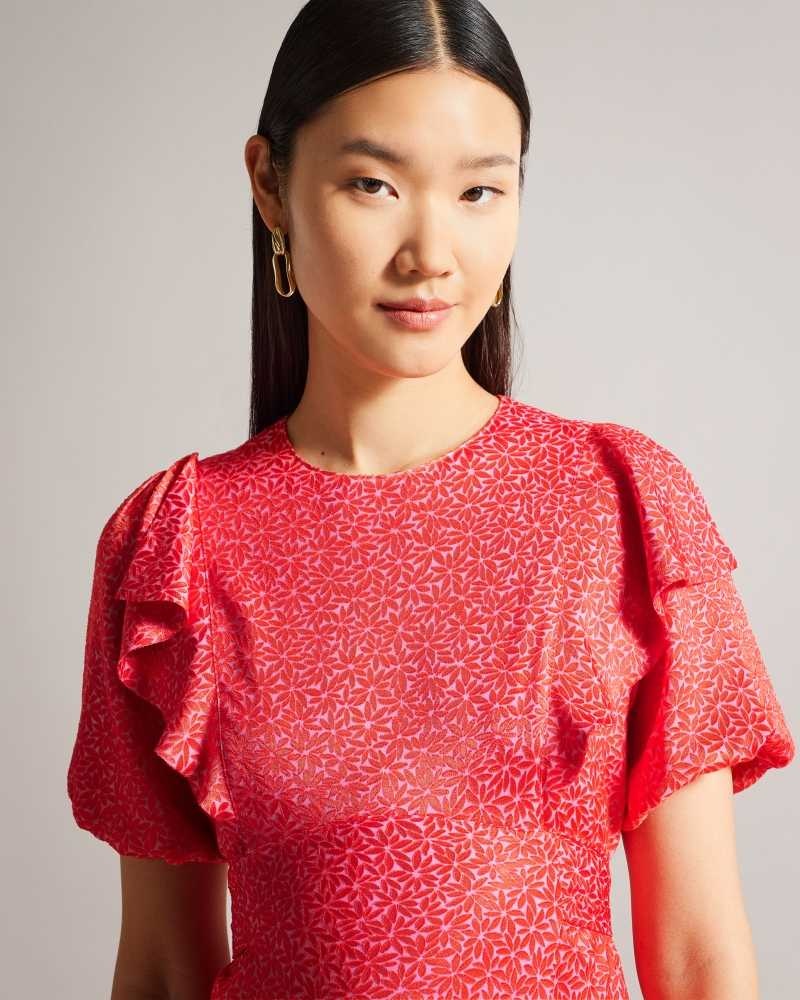 Fuchsia Ted Baker Mayyia Geometric Floral Puff Sleeve Midaxi Dress | ZA0000213