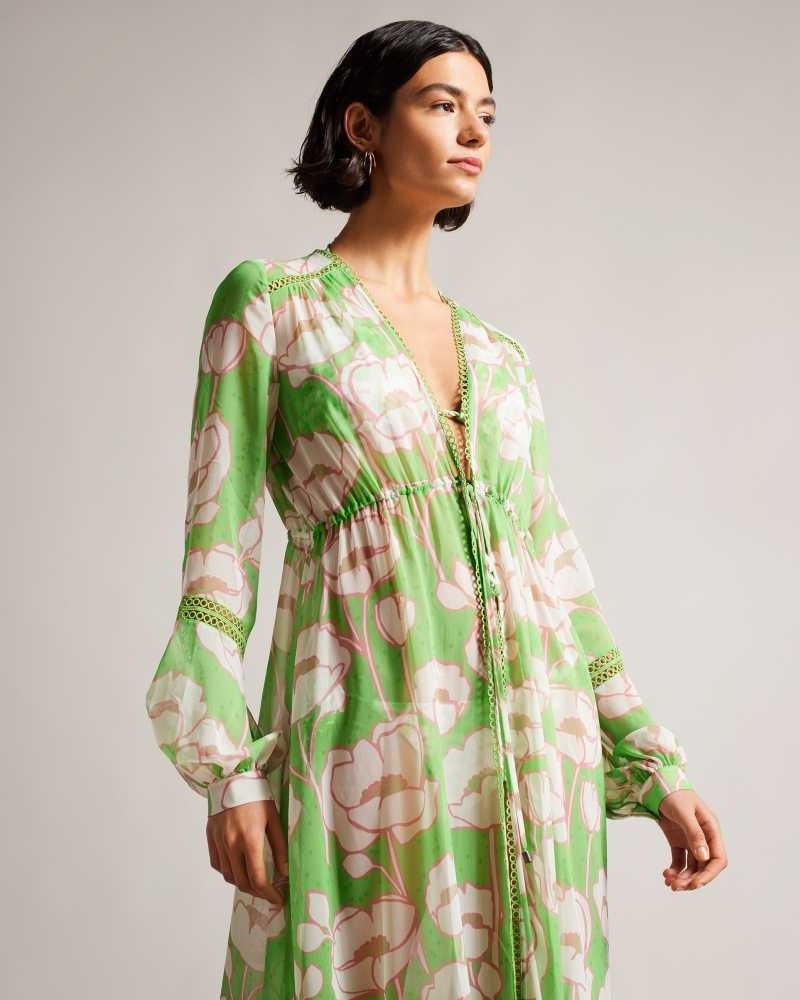 Green Ted Baker Elisiia High Low Poppy Print Cover Up | ZA0001216