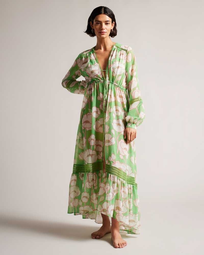 Green Ted Baker Elisiia High Low Poppy Print Cover Up | ZA0001216