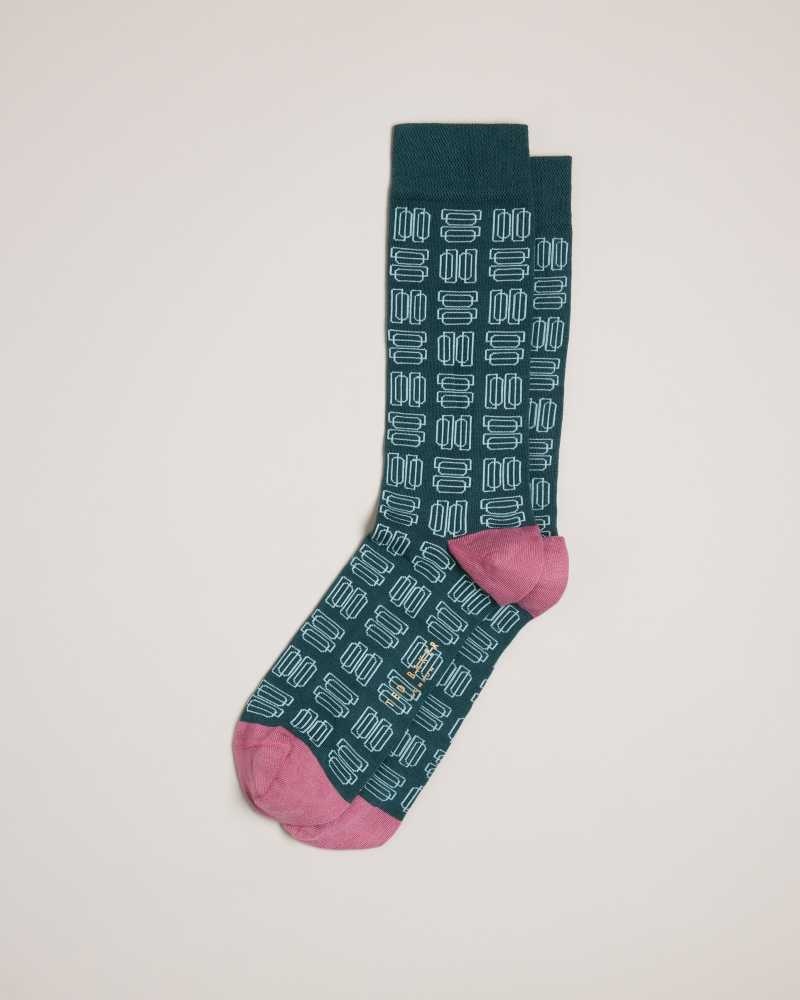 Green Ted Baker Gridsoc Geometric Pattern Socks | ZA0002059