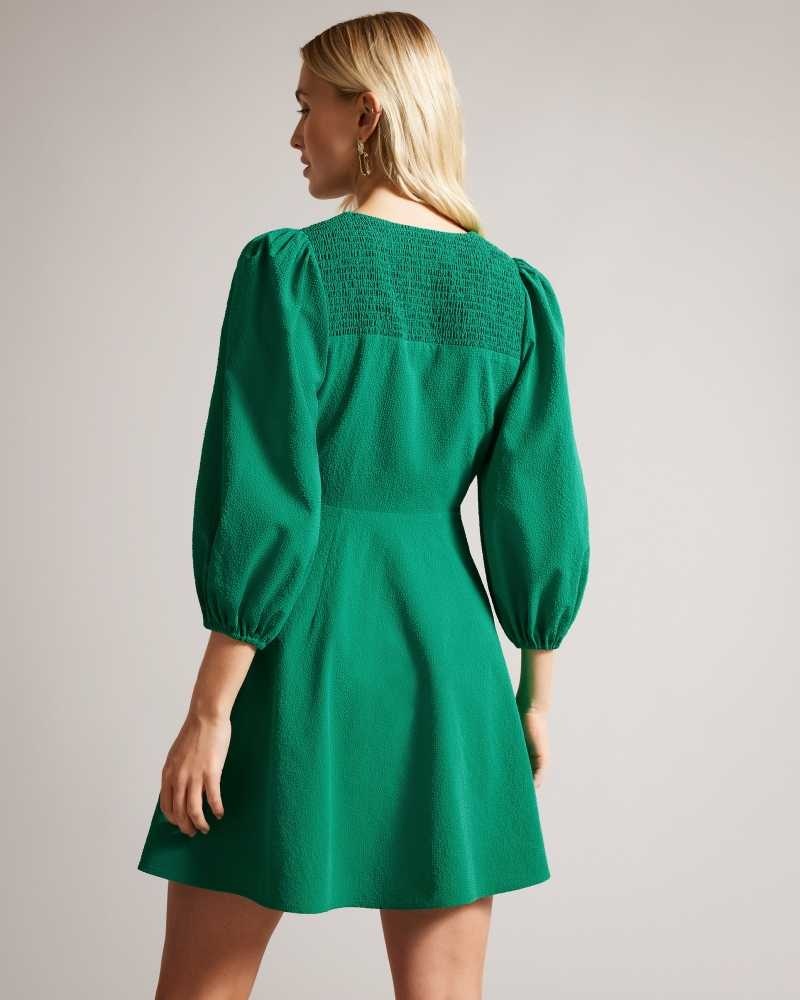 Green Ted Baker Jozelyn Tie Front Mini Dress With Balloon Sleeve | ZA0000181