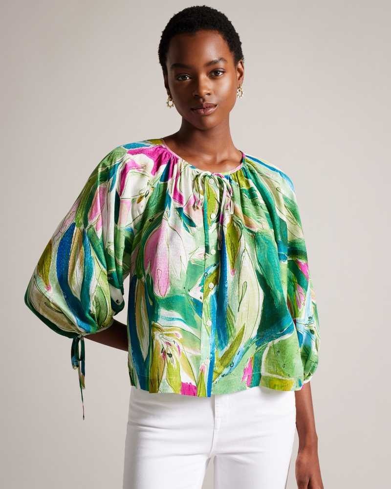 Green Ted Baker Karisah Raglan Puff Sleeve Blouse | ZA0001449