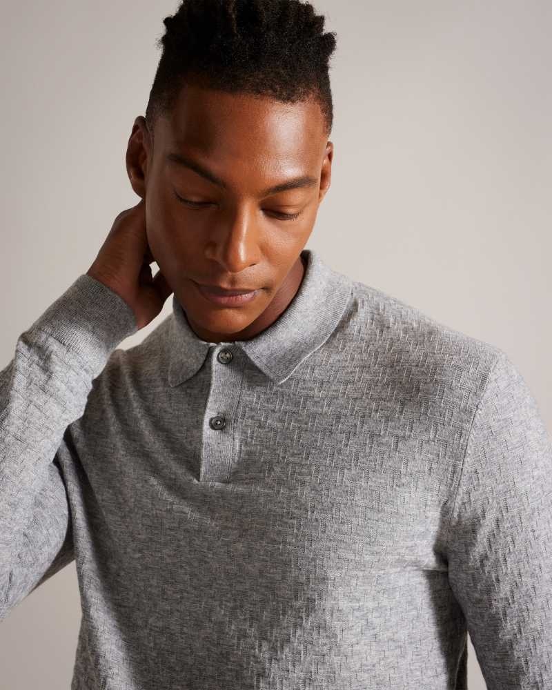 Grey Marl Ted Baker Morar Long Sleeve Knitted Polo Shirt | ZA0000905