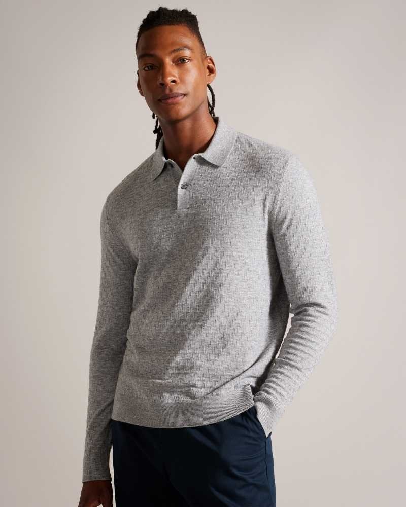 Grey Marl Ted Baker Morar Long Sleeve Knitted Polo Shirt | ZA0000905