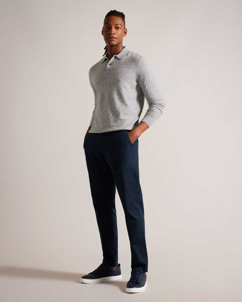 Grey Marl Ted Baker Morar Long Sleeve Knitted Polo Shirt | ZA0000905