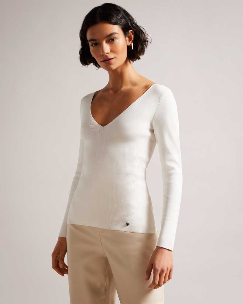 Ivory Ted Baker Cileste V Neck Slim Fit Knit Top | ZA0000761