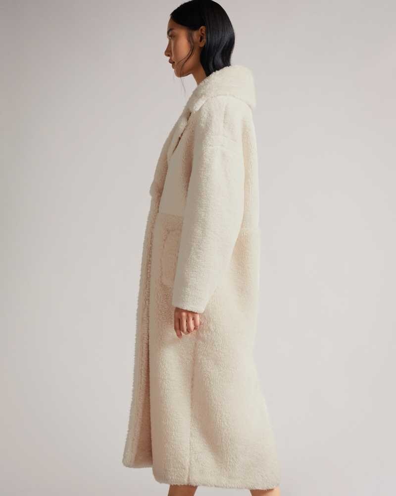 Ivory Ted Baker Emiliyy Mixed Fabric Faux Fur Cocoon Coat | ZA0000569