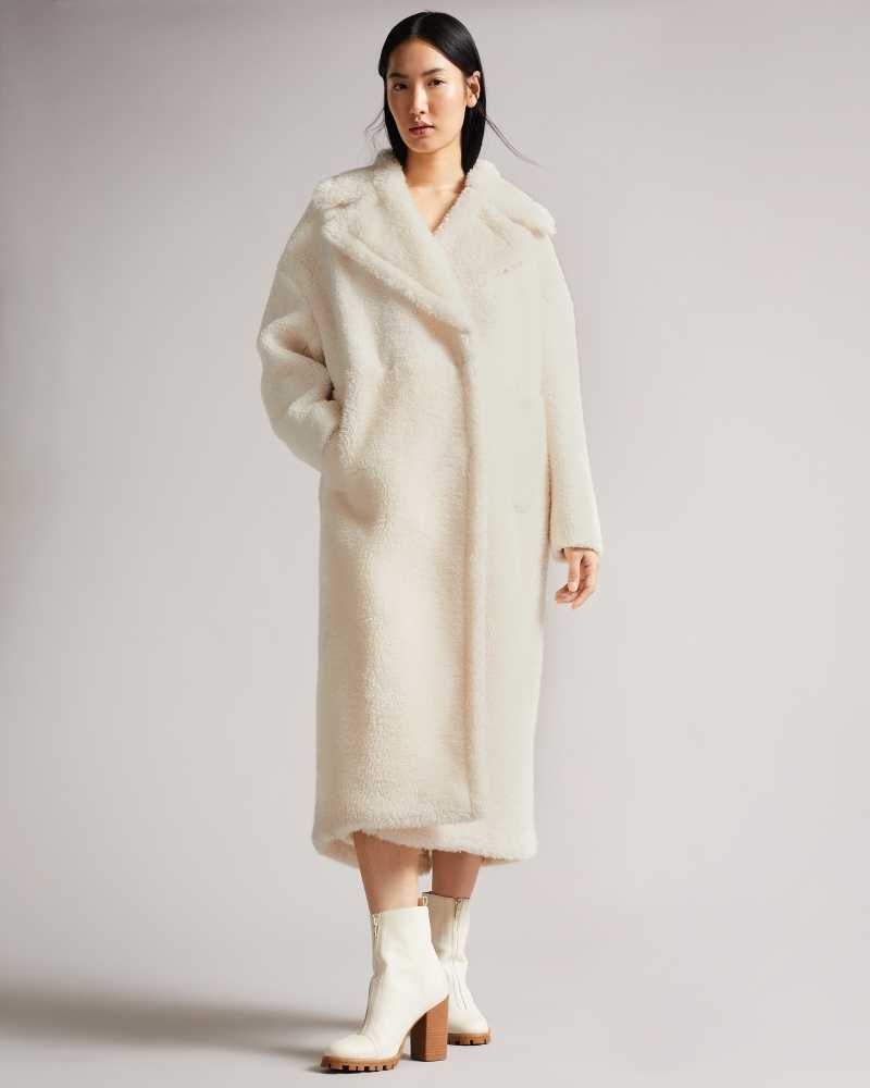 Ivory Ted Baker Emiliyy Mixed Fabric Faux Fur Cocoon Coat | ZA0000569