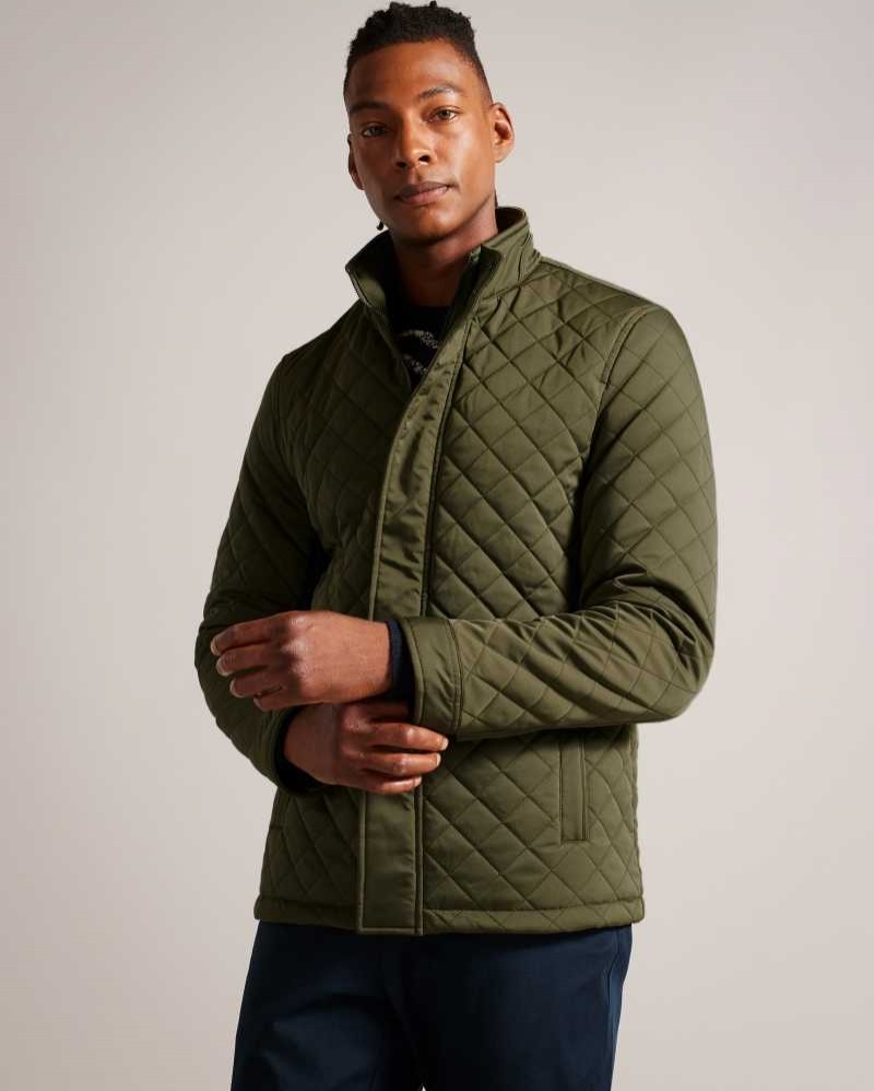 Khaki Ted Baker Finnich Diamond Quilt Funnel Neck Jacket | ZA0000613