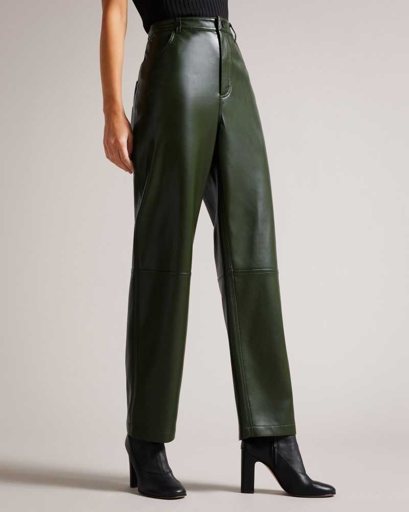 Khaki Ted Baker Plaider Straight Leg Faux Leather Trousers | ZA0001485