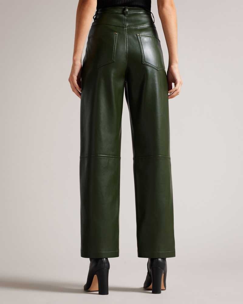 Khaki Ted Baker Plaider Straight Leg Faux Leather Trousers | ZA0001485