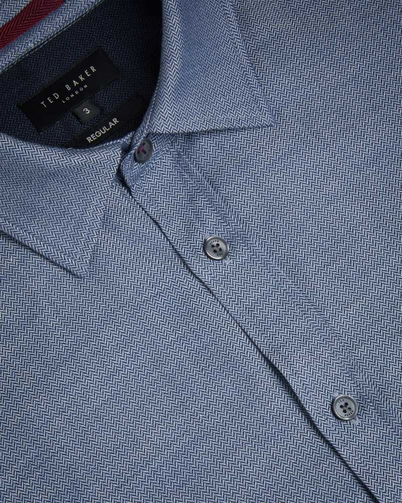 Light Blue Ted Baker Crotone Long Sleeve Herringbone Shirt | ZA0001012