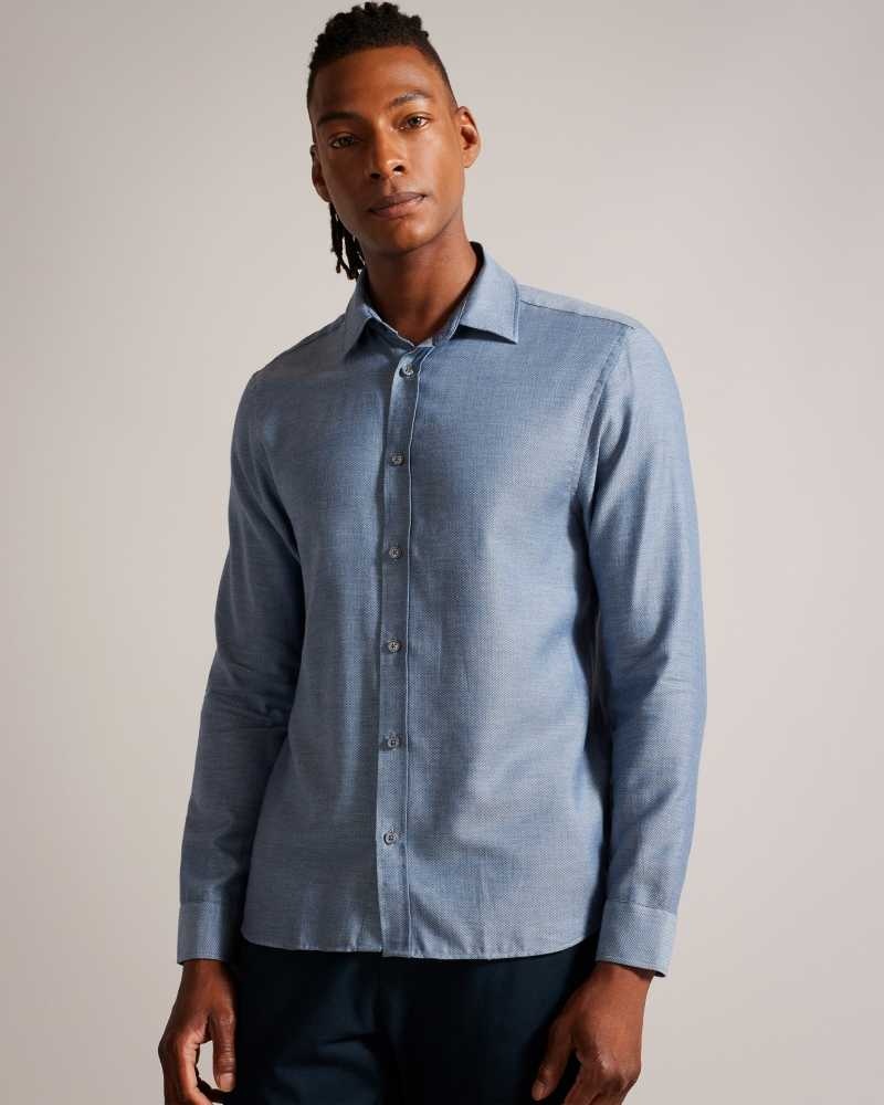 Light Blue Ted Baker Crotone Long Sleeve Herringbone Shirt | ZA0001012