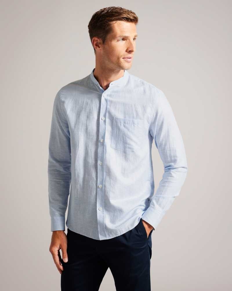 Light Blue Ted Baker Granan Linen Grandad Collar Shirt | ZA0001002