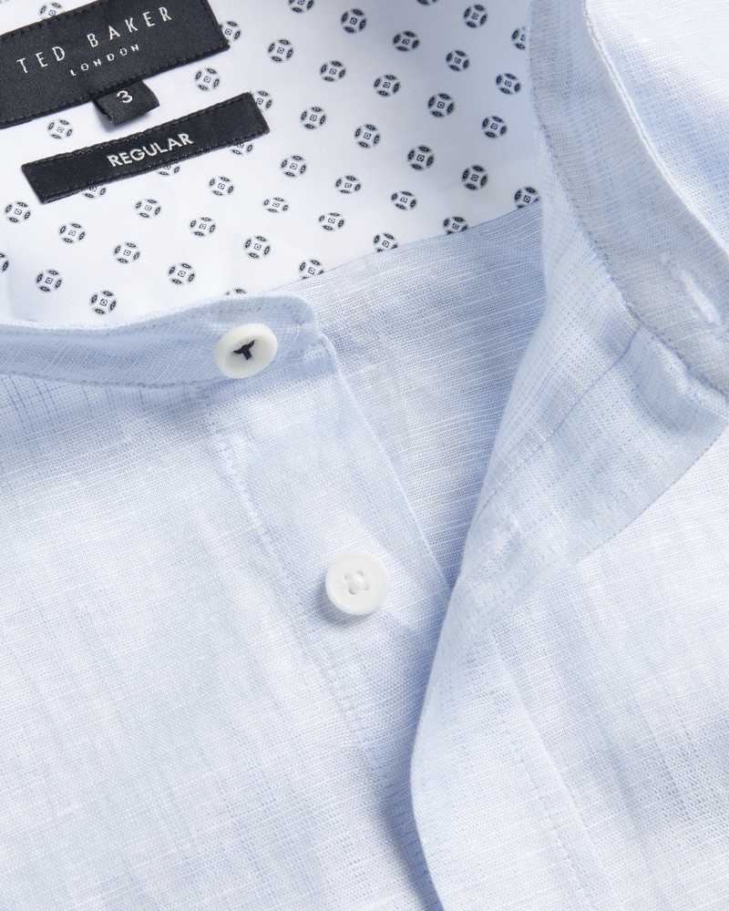 Light Blue Ted Baker Granan Linen Grandad Collar Shirt | ZA0001002