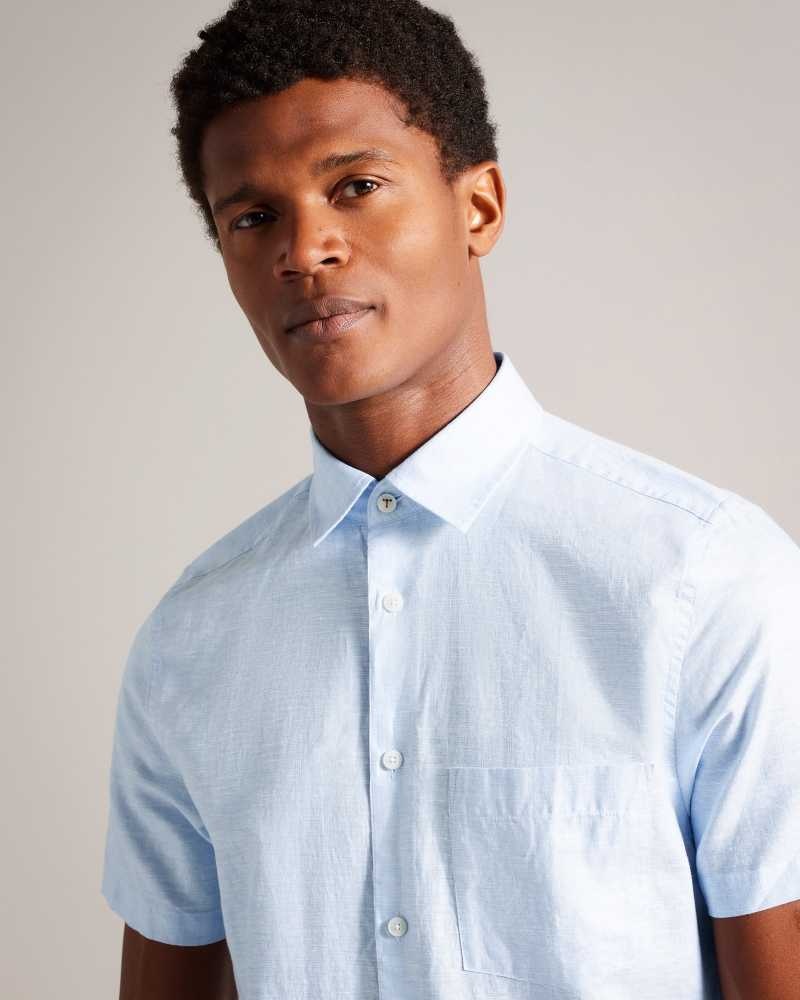 Light Blue Ted Baker Kingfrd Short Sleeve Linen Shirt | ZA0001025