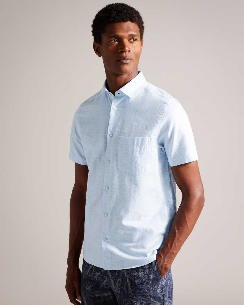 Light Blue Ted Baker Kingfrd Short Sleeve Linen Shirt | ZA0001025