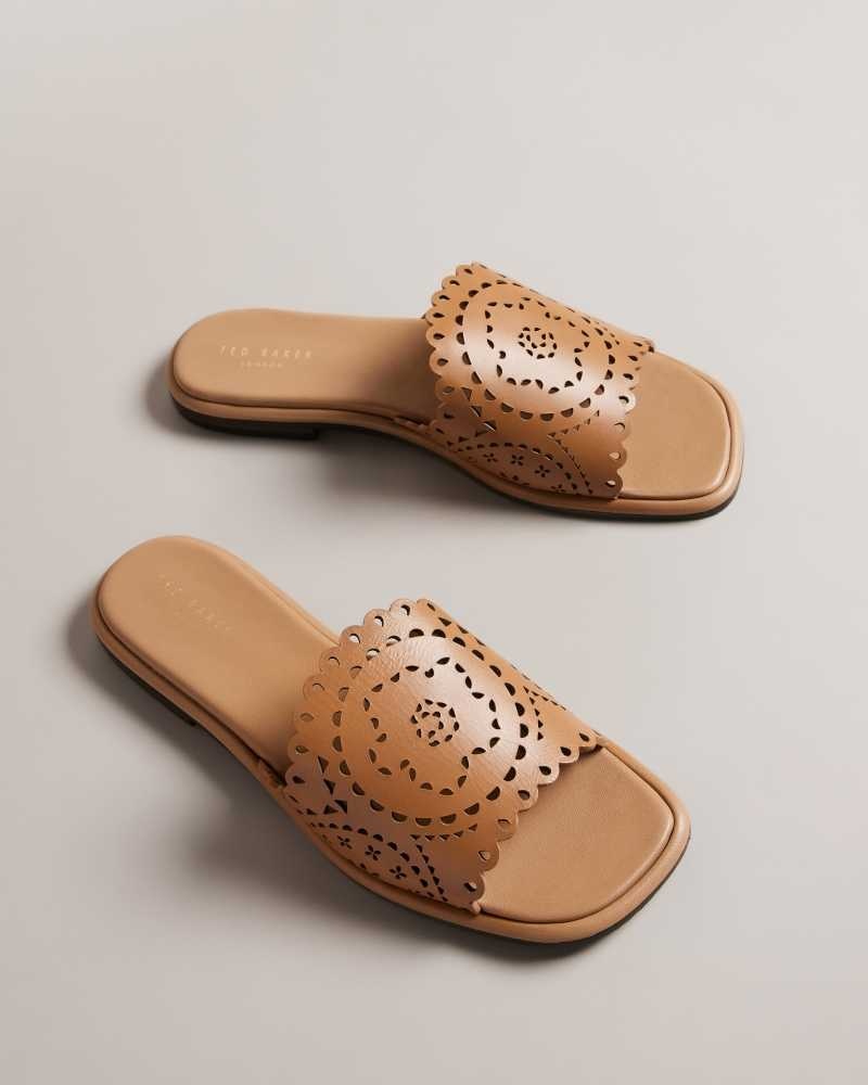 Light Brown Ted Baker Clovei Laser Cut Flat Sandals | ZA0001688