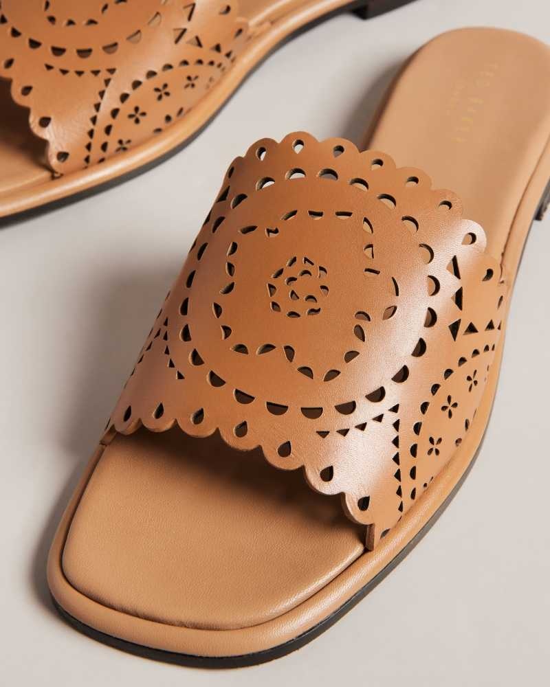 Light Brown Ted Baker Clovei Laser Cut Flat Sandals | ZA0001688