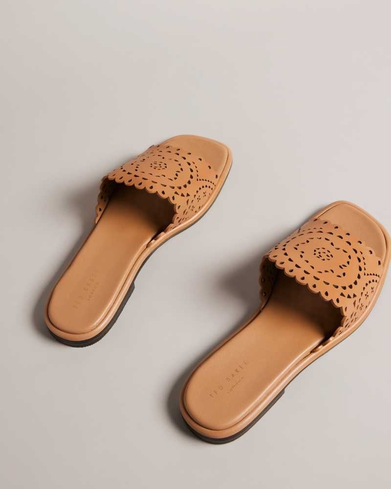 Light Brown Ted Baker Clovei Laser Cut Flat Sandals | ZA0001688