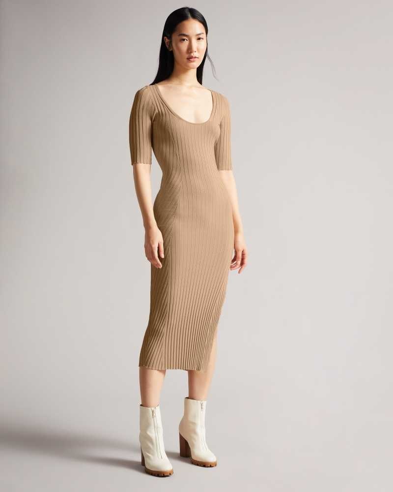 Light Brown Ted Baker Kiierra Side Slit Detail Knit Dress | ZA0000168