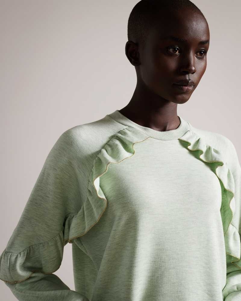 Light Green Ted Baker Yazme Frilled Sweatshirt With Chain Trim | ZA0001400