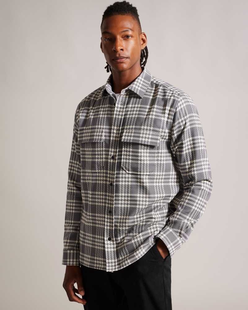 Light Grey Ted Baker Chieti Long Sleeve Textured Check Shirt | ZA0000978