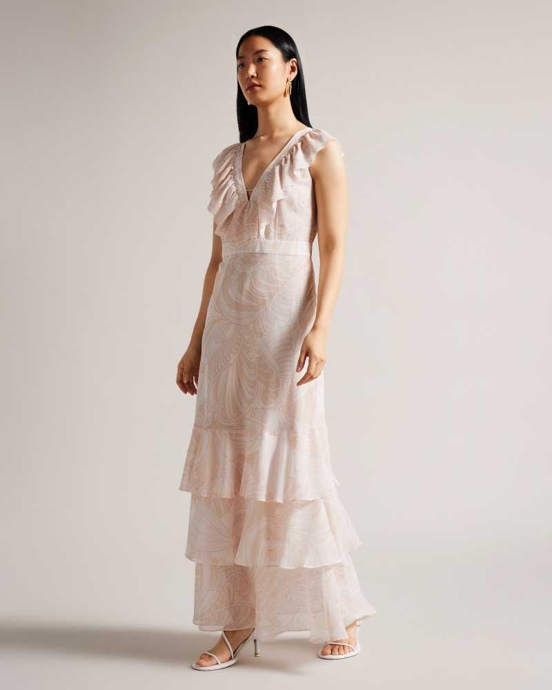 Light Nude Ted Baker Sheriil Paisley Ruffle Detail Maxi Dress | ZA0000200