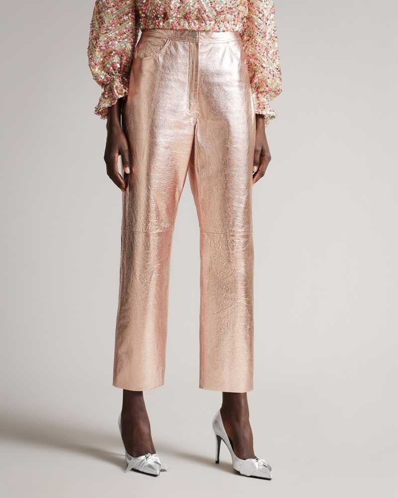 Light Pink Ted Baker Ailsaa Metallic Leather Trousers | ZA0001516