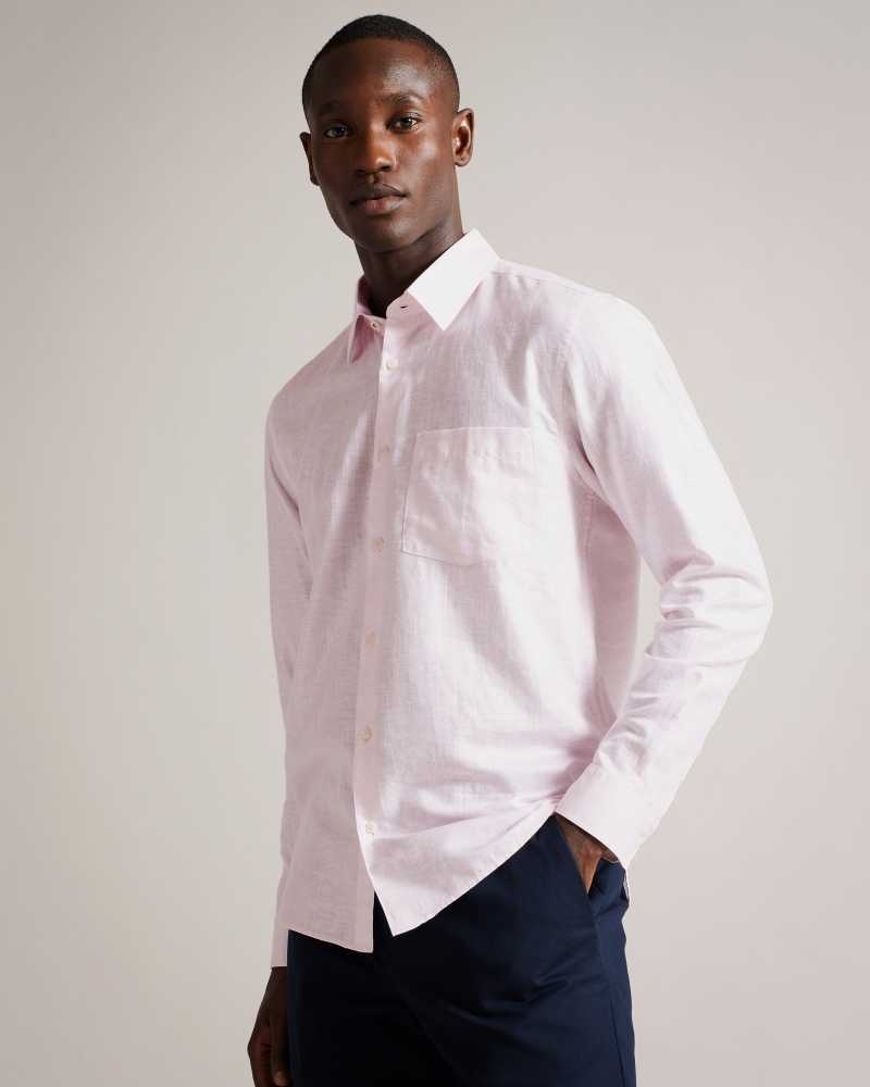 Light Pink Ted Baker Kingwel Long Sleeve Linen Blend Shirt | ZA0000965