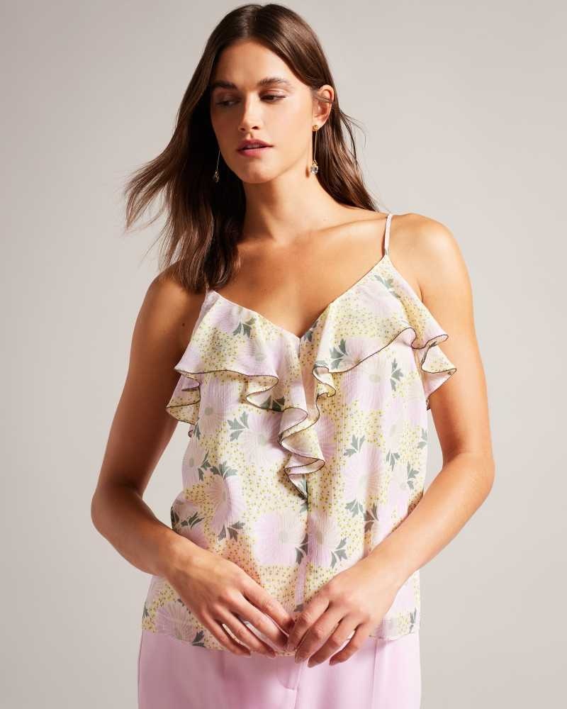 Light Yellow Ted Baker Shaunia Ruffled V Neck Daisy Cami | ZA0001379