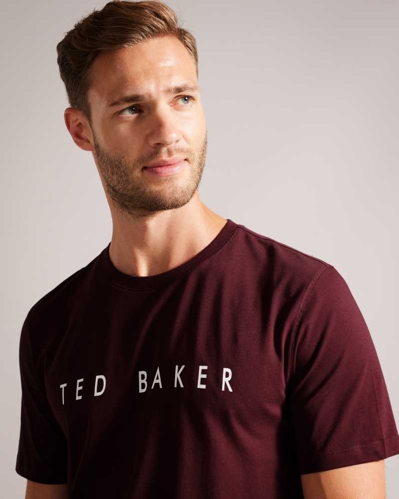 Maroon Ted Baker Broni Short Sleeve Branded T-Shirt | ZA0001225